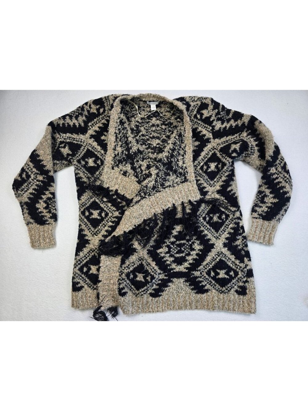 Cato Womens 14/16W Black Beige Gold Open Front Cardigan Sweater With Fringe